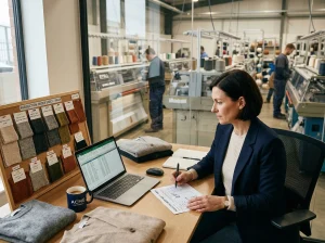 Procurement manager reviewing knitwear order sheets and yarn swatches at a desk adjacent to a sweater factory production floor