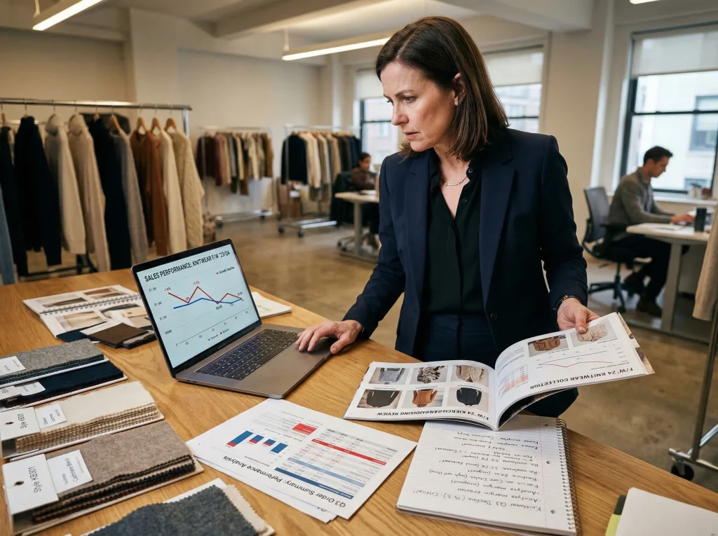 Brand buyer reviewing seasonal knitwear data and fabric swatches in a buying office amid slow fashion market growth in 2026