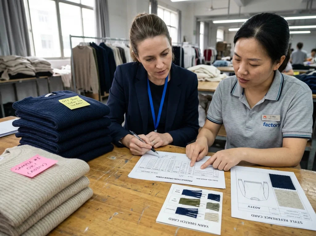Buyer and factory coordinator reviewing knitwear production order quantities and MOQ requirements in a factory showroom