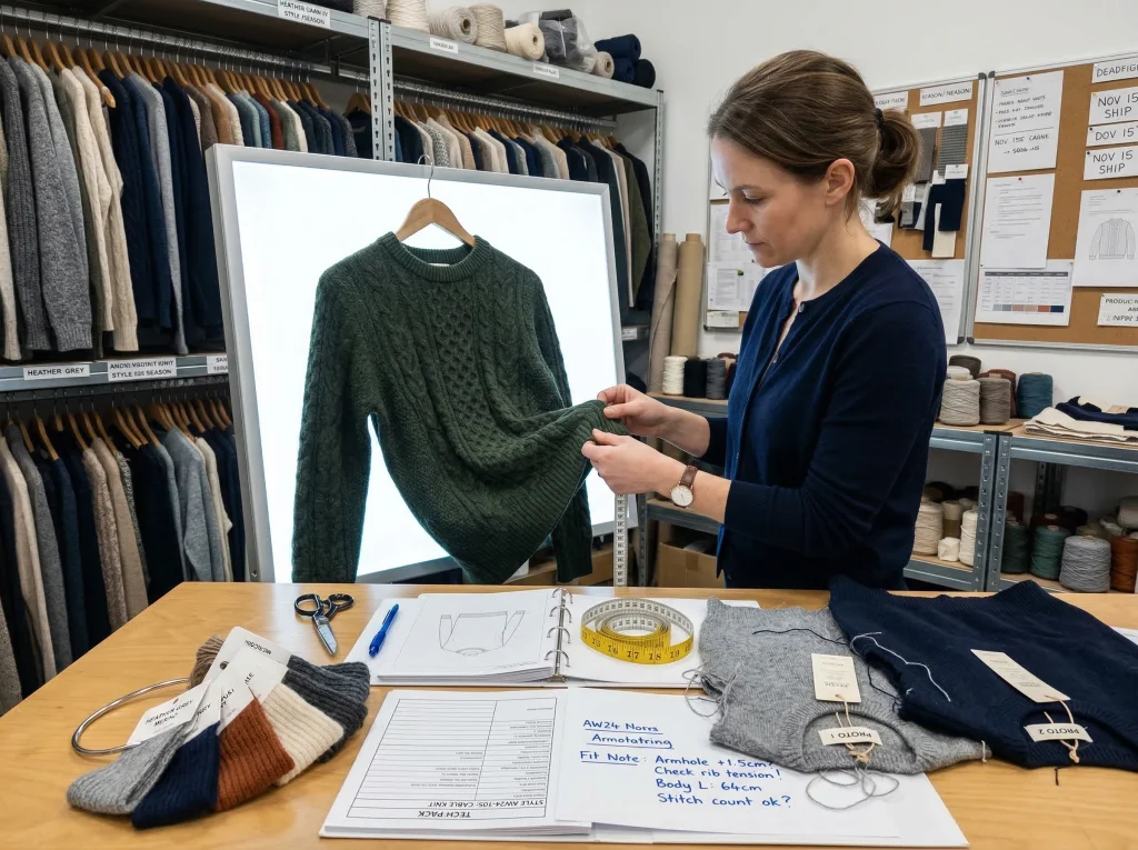 Knitwear technician examining a sweater sample against a tech pack and yarn swatches in a factory sample development room