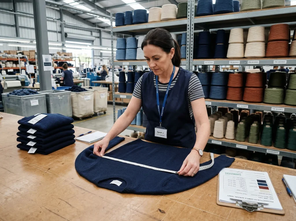 Factory QC inspector measuring a finished knitwear garment on an inspection table with pre-booked yarn cones stored in the background