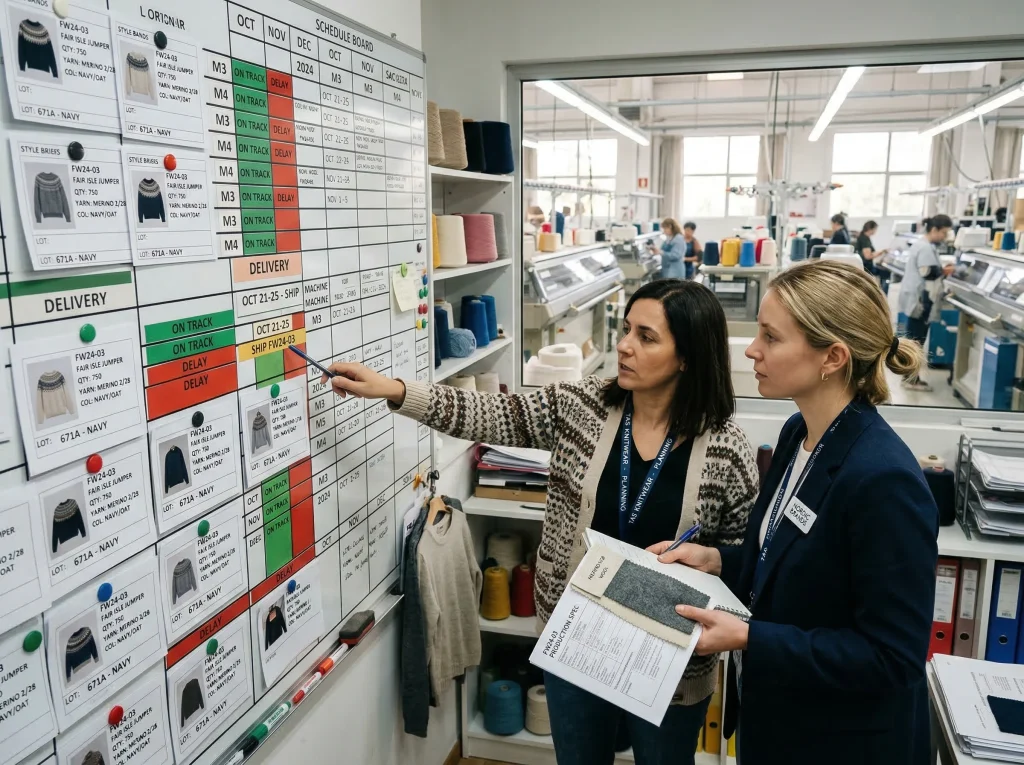 Factory production planner and brand representative reviewing a knitwear OEM production schedule board with style cards and delivery timelines