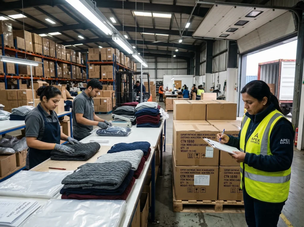 Factory workers polybag-packing finished sweaters for export while a warehouse supervisor checks shipment documentation against packing lists