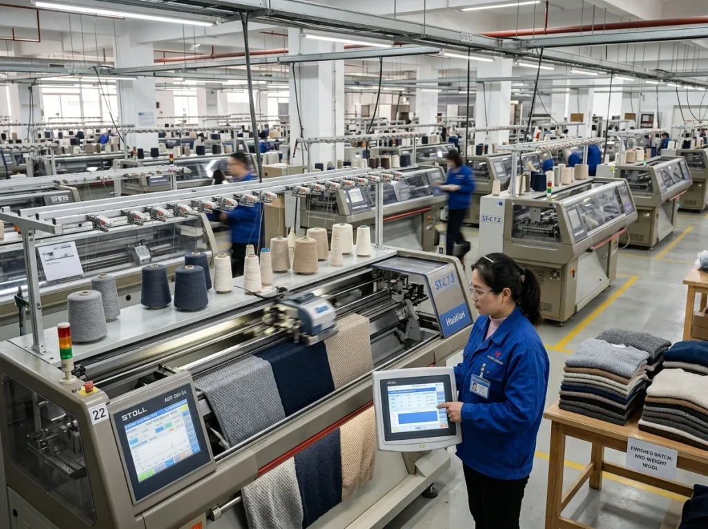 Multiple 12-gauge flat knitting machines running mid-weight sweater panels on a Chinese knitwear manufacturing factory floor
