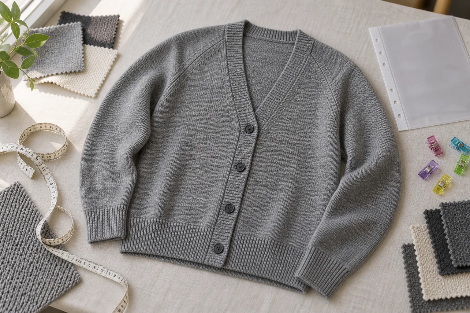 Grey cardigan sample beside measuring tape, knitted swatches, clips and a blank sleeve