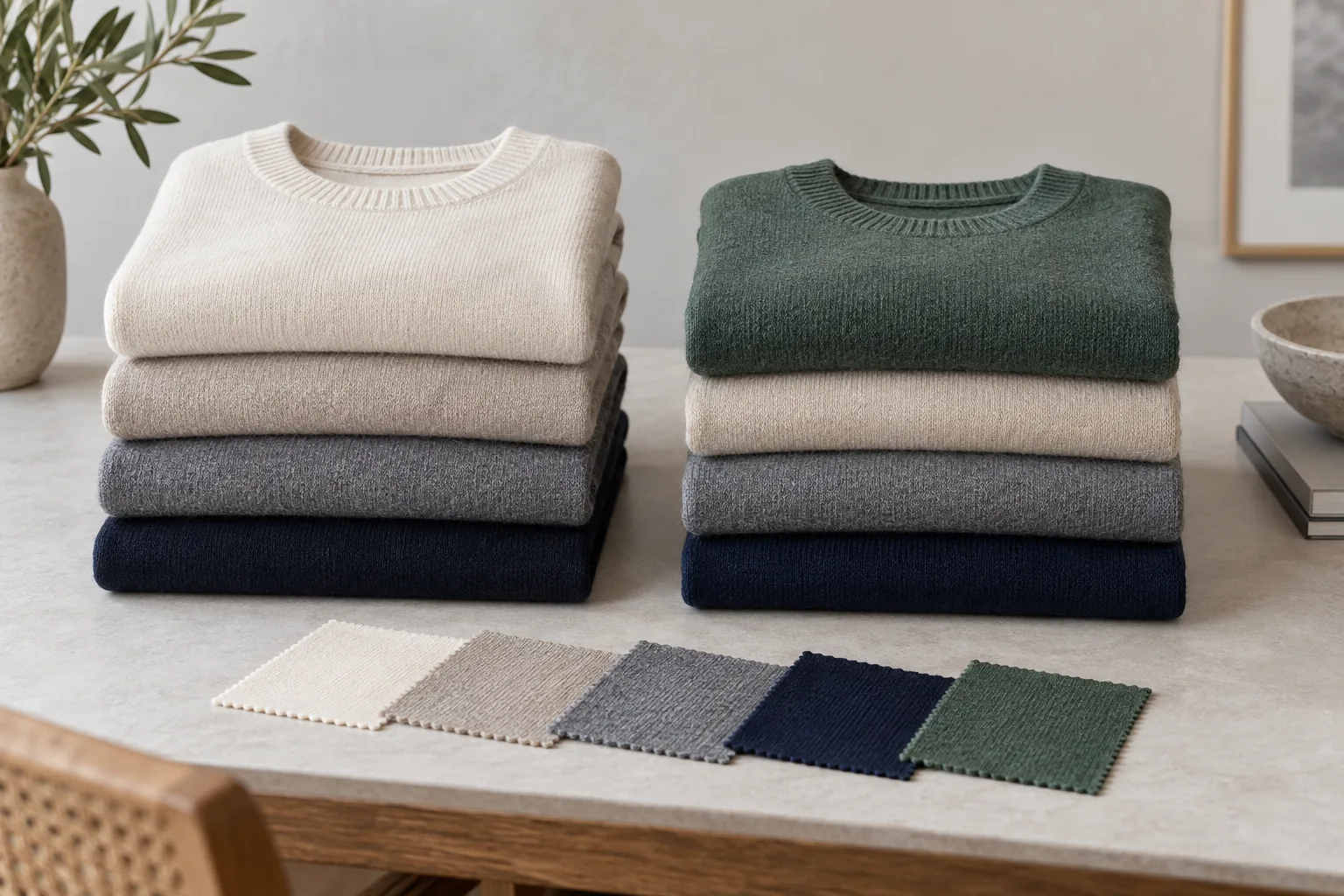 Two compact sweater assortments with neutral core colours and one green accent
