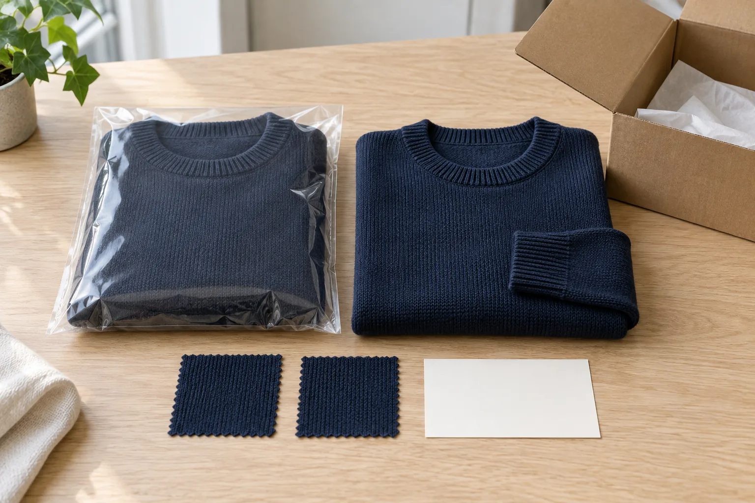 Archived navy sweater beside a current navy sweater, two swatches, blank card and open carton