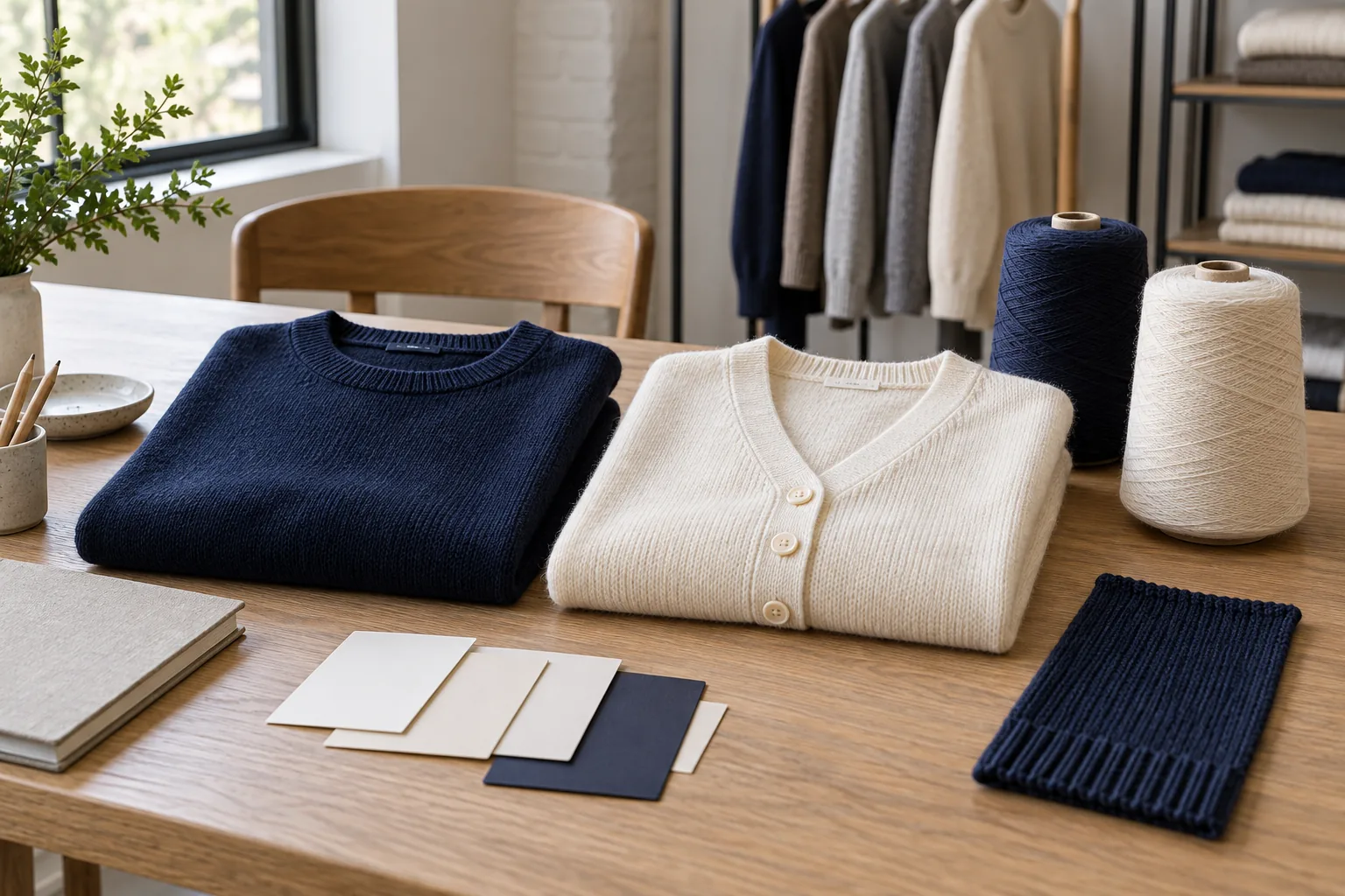 Navy crewneck and cream cardigan beside yarn cones, swatches and blank planning cards