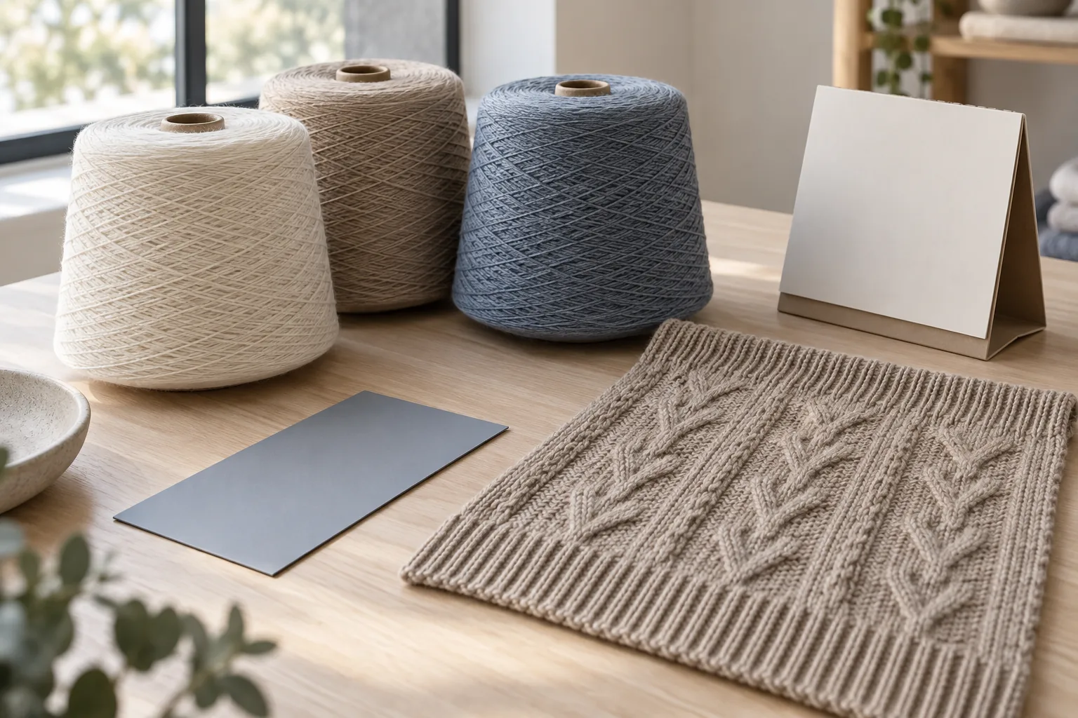 Three yarn cones beside an unmarked card and a cable-knit panel