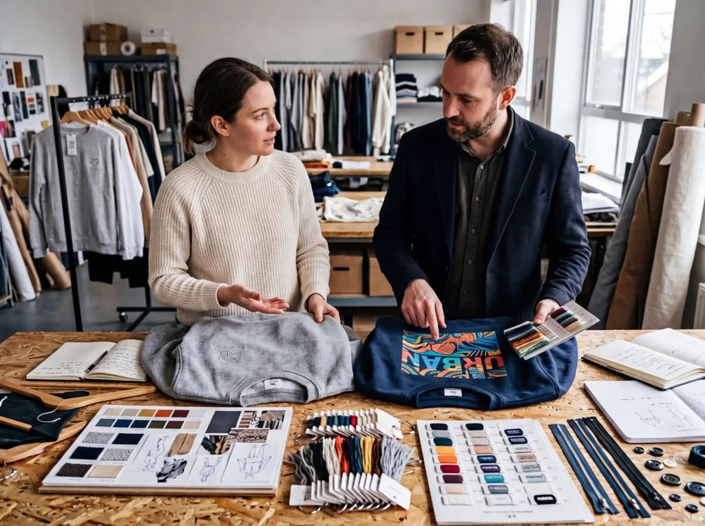 Fashion brand buyer and factory product developer compare embroidered and printed sweatshirt concepts with swatches and branding materials on a table.