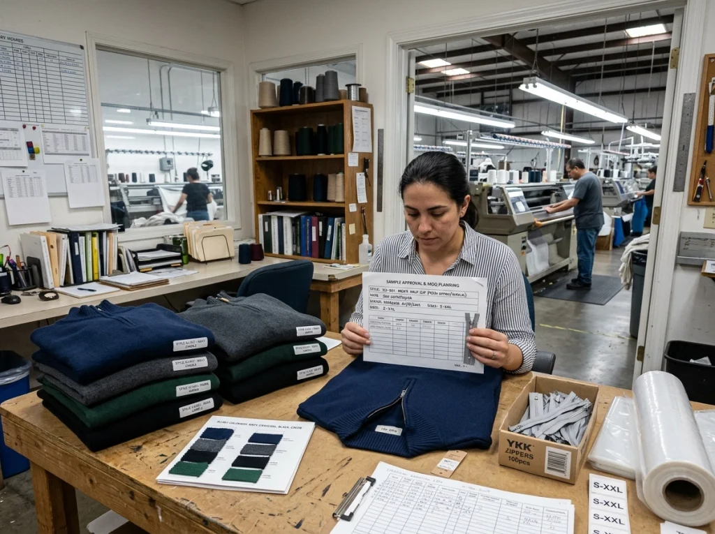 Entry-level men's half zip sweater samples with standard trims, color cards, and MOQ planning documents in a knitwear factory office.