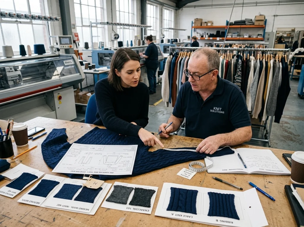 Sourcing manager and factory technician reviewing a knitted jumper prototype, measurement sheets, yarn swatches, and sample notes before production.