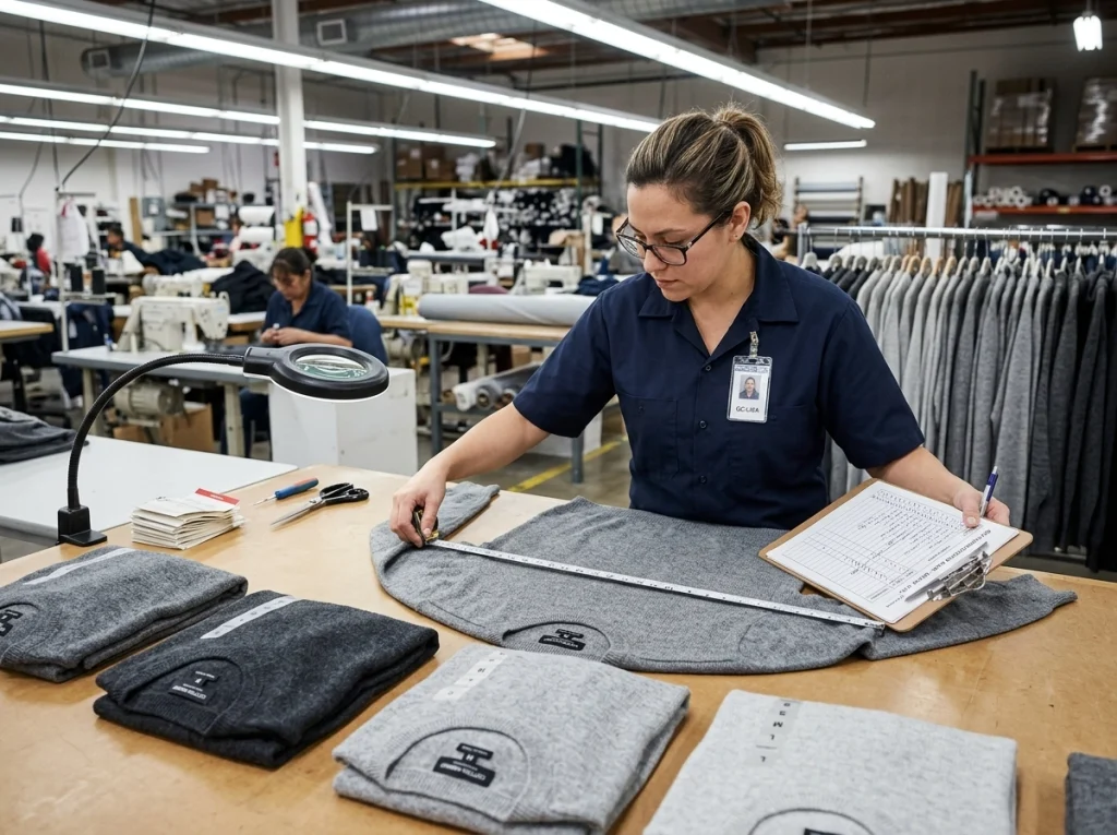 Quality inspector checking bulk knit sweaters for shade variation, seam quality, loose ends, and measurement consistency under factory lighting.