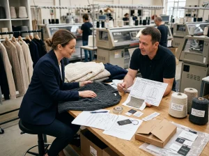 UK or EU apparel buyer reviewing bulk knit sweater samples, yarn swatches, labels, and packaging with a factory merchandiser in a knitwear sourcing showroom.