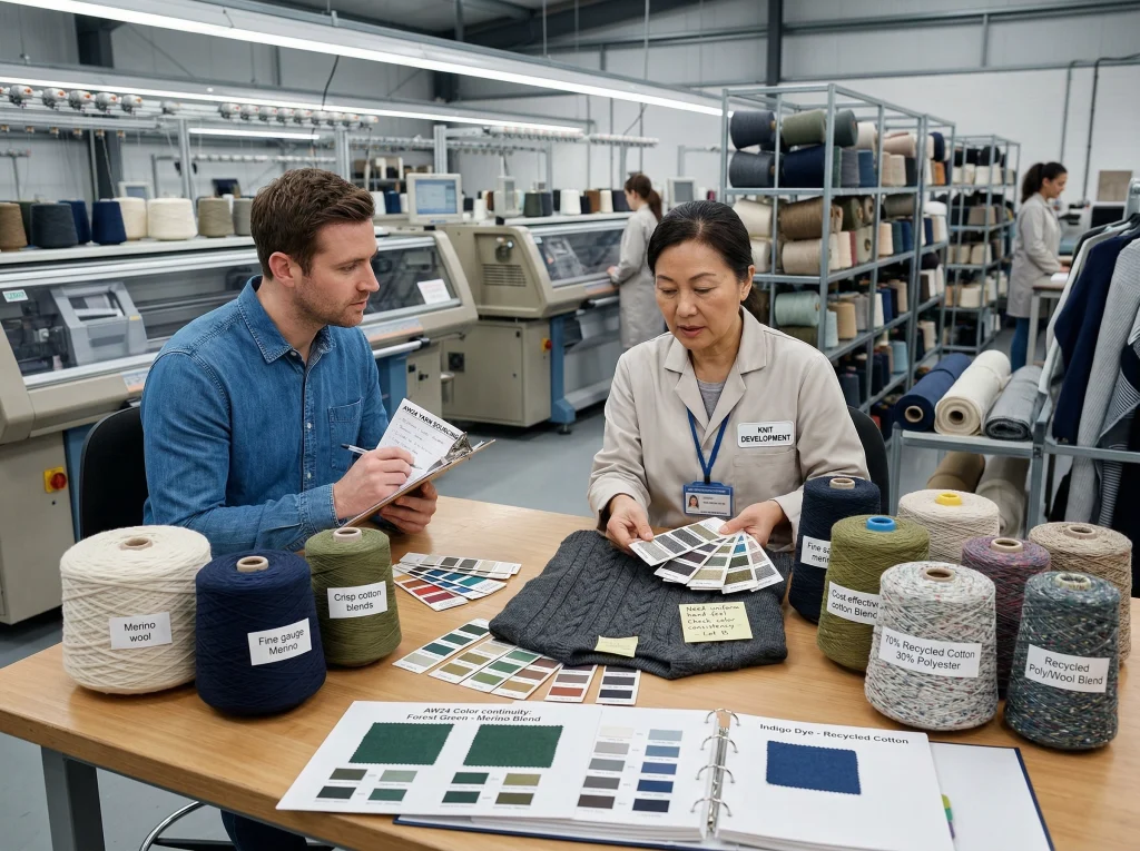 Technician comparing yarn cones, fiber swatches, and knitted sample panels for bulk knit sweater material planning in a factory sample room.