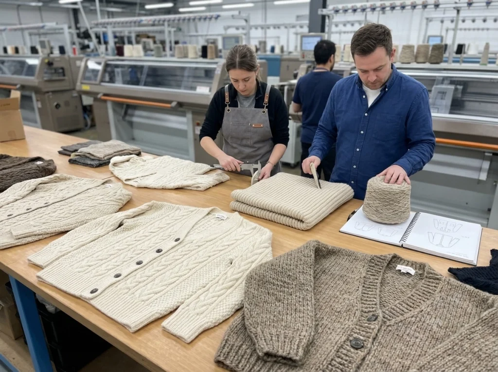 Technicians reviewing cable knit cardigan panels, chunky knit textures, and gauge swatches next to yarn cones in a knitwear factory.