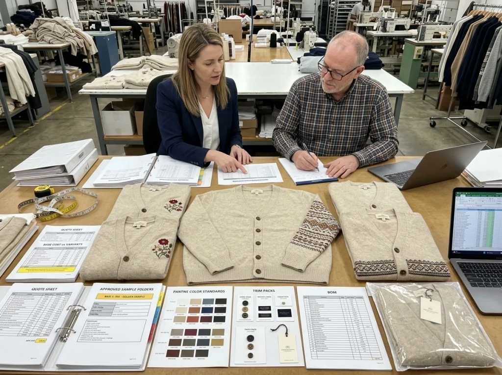 Sourcing manager and factory merchandiser reviewing cardigan samples, quote sheets, and reorder documents for an embroidered knitwear program.