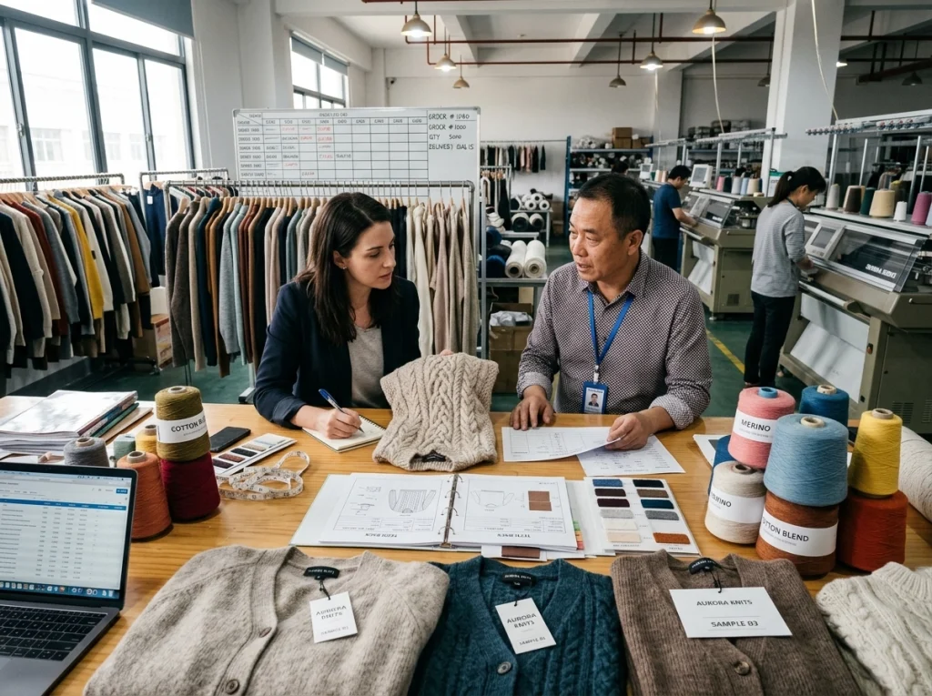 Buyer meeting with a China knitwear manufacturer in a sample room with sweater samples, yarn cones, and production documents.