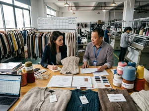 Buyer meeting with a China knitwear manufacturer in a sample room with sweater samples, yarn cones, and production documents.