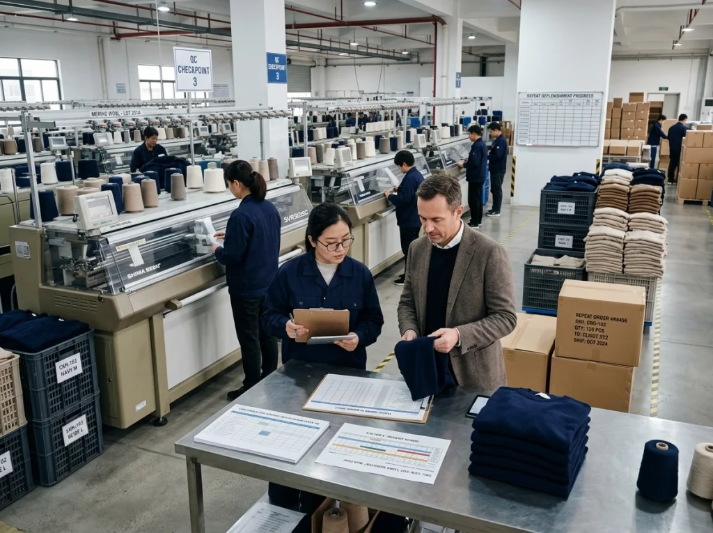 China knitwear factory production manager reviewing repeat sweater orders near knitting machines and stacked bulk garments.