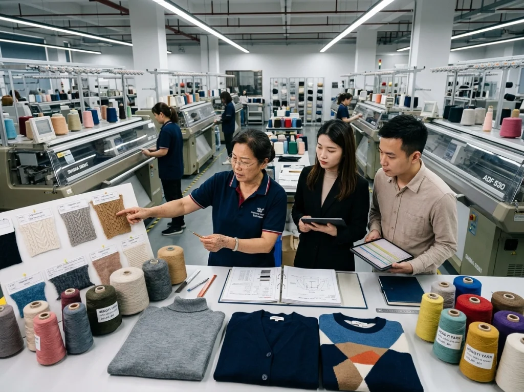 Technicians inside a China sweater factory reviewing yarn cones, gauge swatches, and sweater samples beside computerized flat knitting machines.
