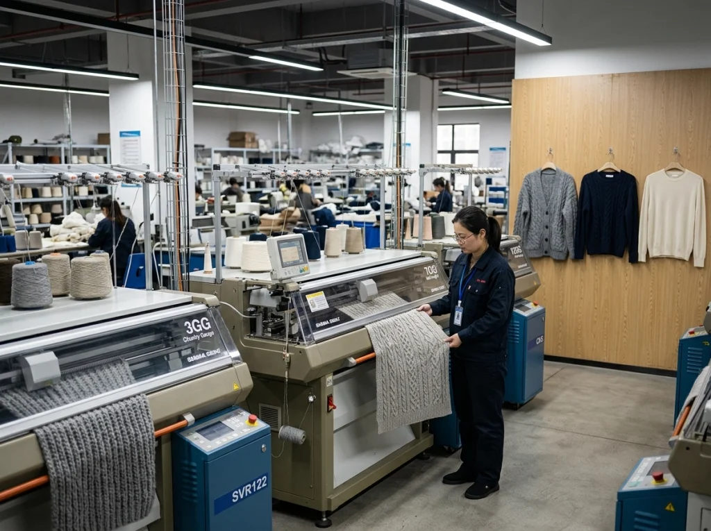 Computerized flat knitting machines and knitwear panels in different gauges inside a China sweater factory.