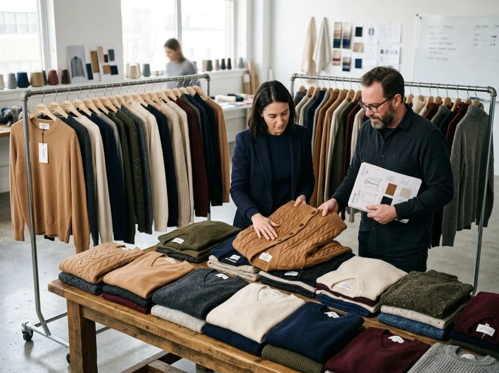 Curated assortment of wholesale knitted sweaters and cardigans in different gauges and textures being reviewed by a buyer and product developer.
