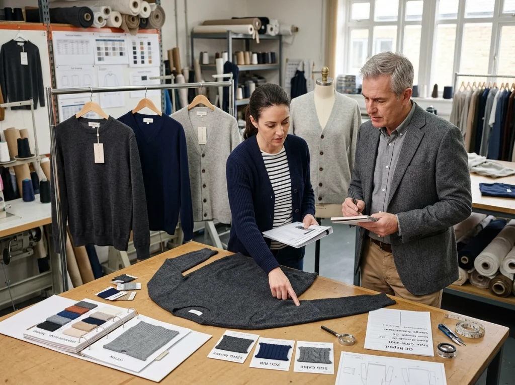 Factory technician and buyer reviewing classic core knitwear styles with yarn swatches and construction references in a sample room.