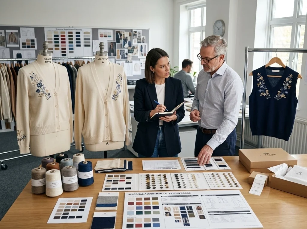 Brand buyer and knitwear factory consultant evaluating embroidered cardigan samples and assortment options in a factory showroom.