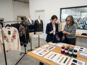 Buyer and knitwear developer reviewing a custom embroidered cardigan collection in a factory showroom with yarn swatches and sample garments.