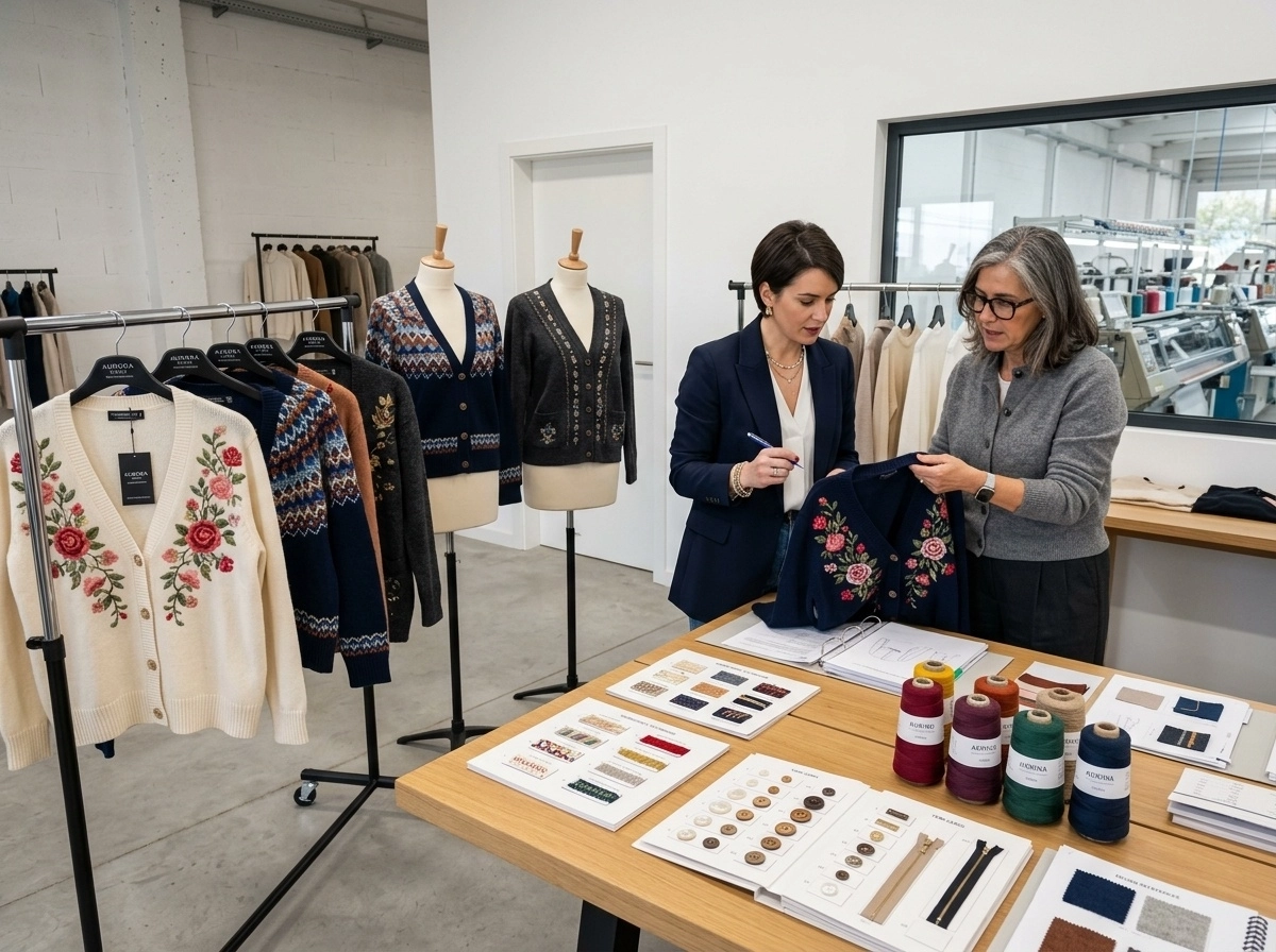 Buyer and knitwear developer reviewing a custom embroidered cardigan collection in a factory showroom with yarn swatches and sample garments.