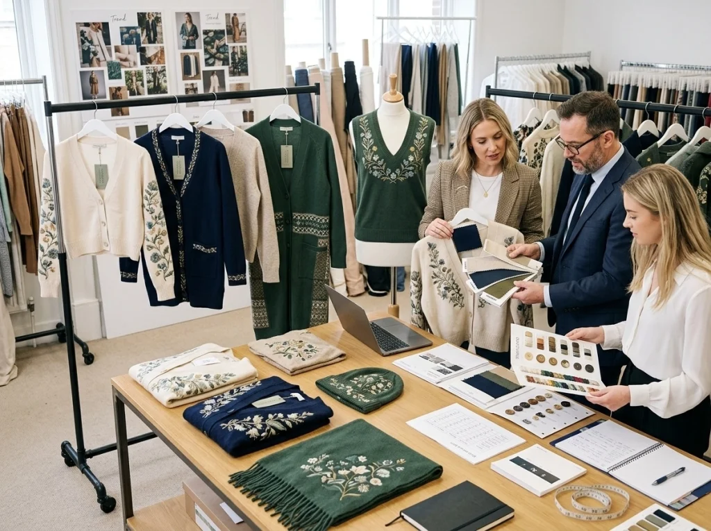 Merchandisers reviewing a coordinated custom embroidered cardigan collection with matching knit styles in a professional showroom.
