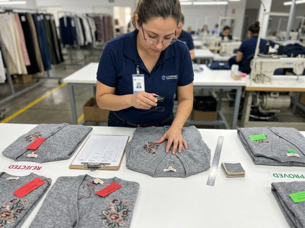 QC inspector checking an embroidered cardigan for puckering, placement accuracy, and bulk consistency in a factory inspection room.