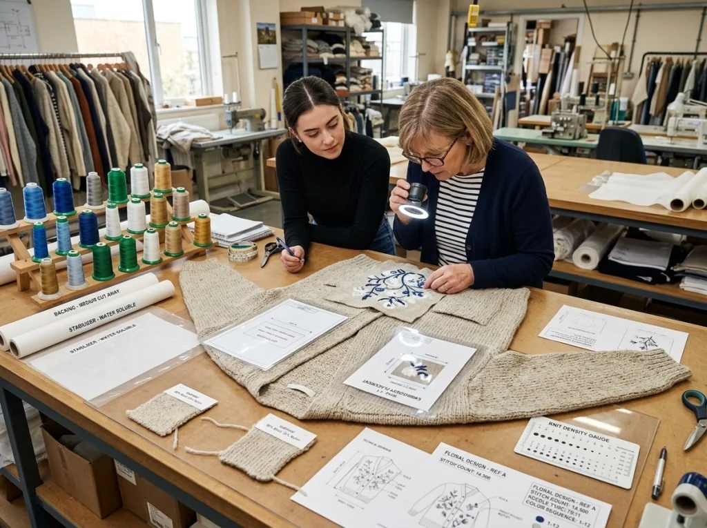 Technicians reviewing embroidery placement, yarn swatches, and cardigan construction in a knitwear sample room.