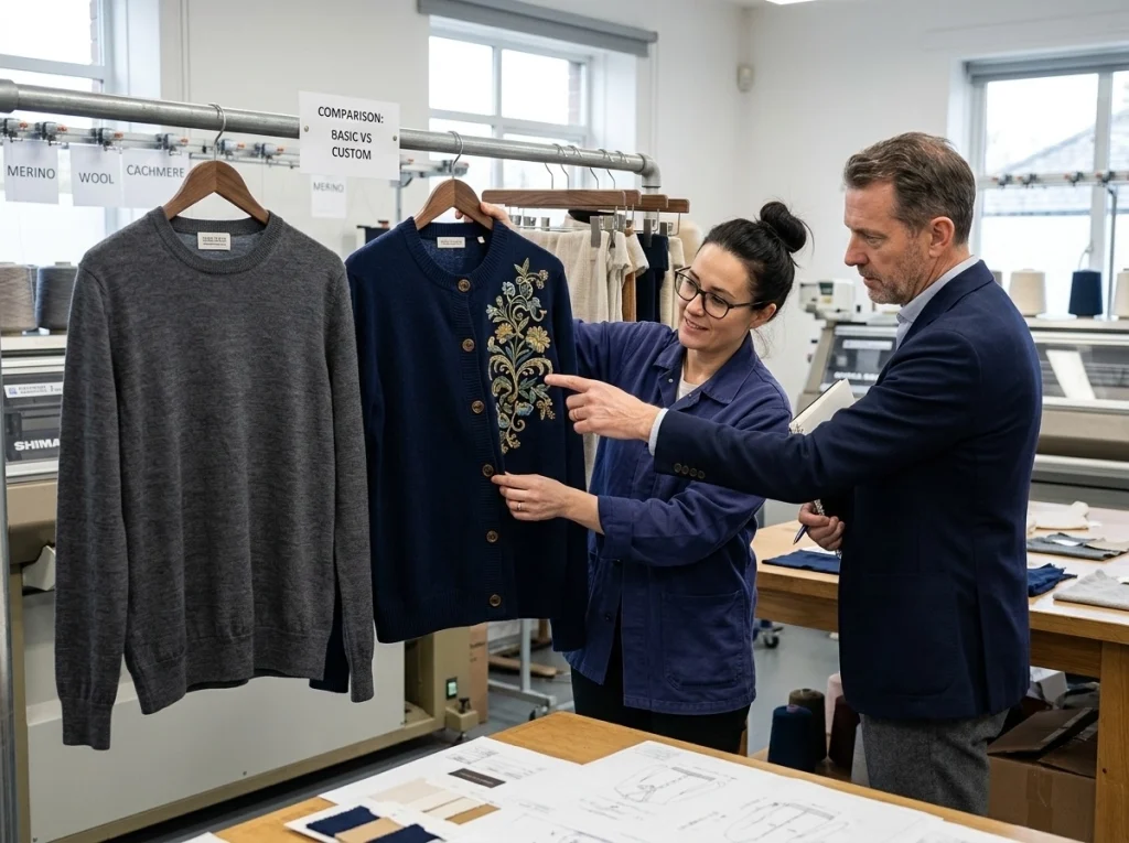 Plain knit pullover and custom embroidered cardigan displayed side by side in a knitwear development studio for product value comparison.