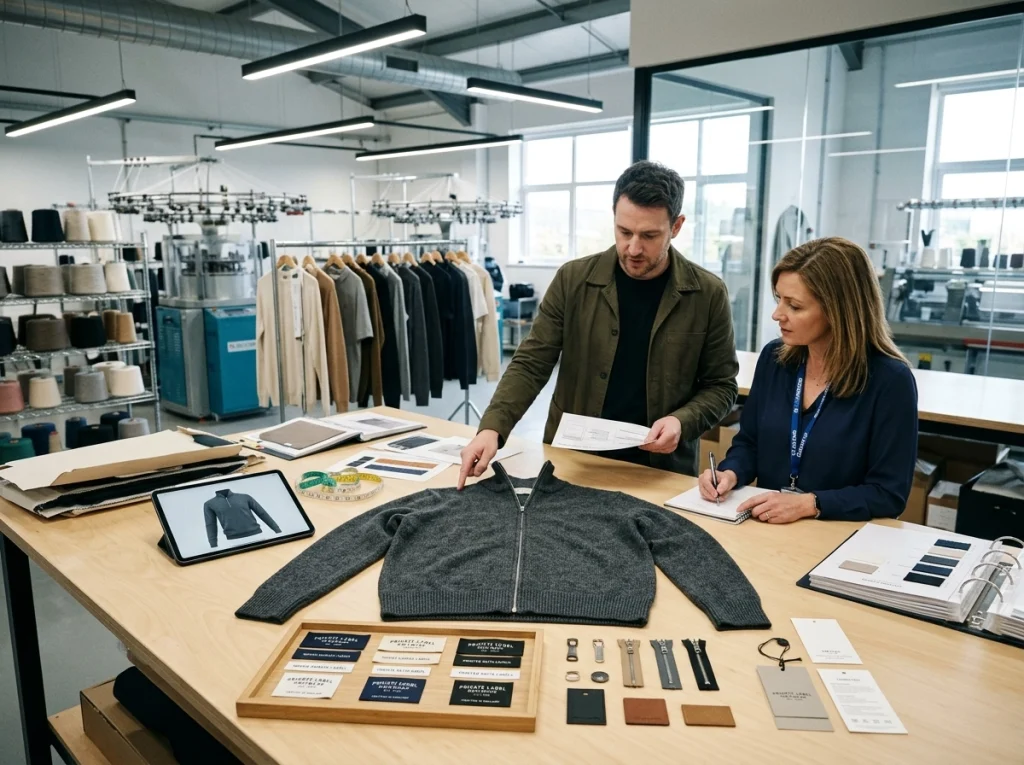 Brand team and factory developers reviewing private label trims, hangtags, labels, and a custom half zip jumper sample.