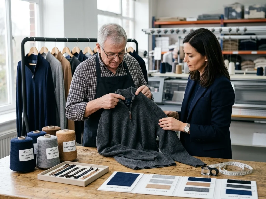 Senior technician and buyer examining a premium cashmere men's half zip sweater sample with luxury yarns and refined trims.