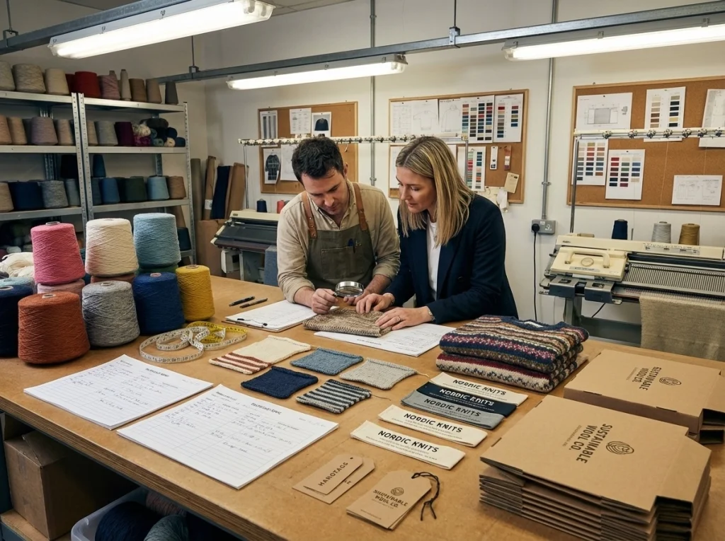 Technician and buyer preparing custom knit sweaters for sampling with yarn cones, gauge swatches, labels, packaging mockups, and measurement sheets.