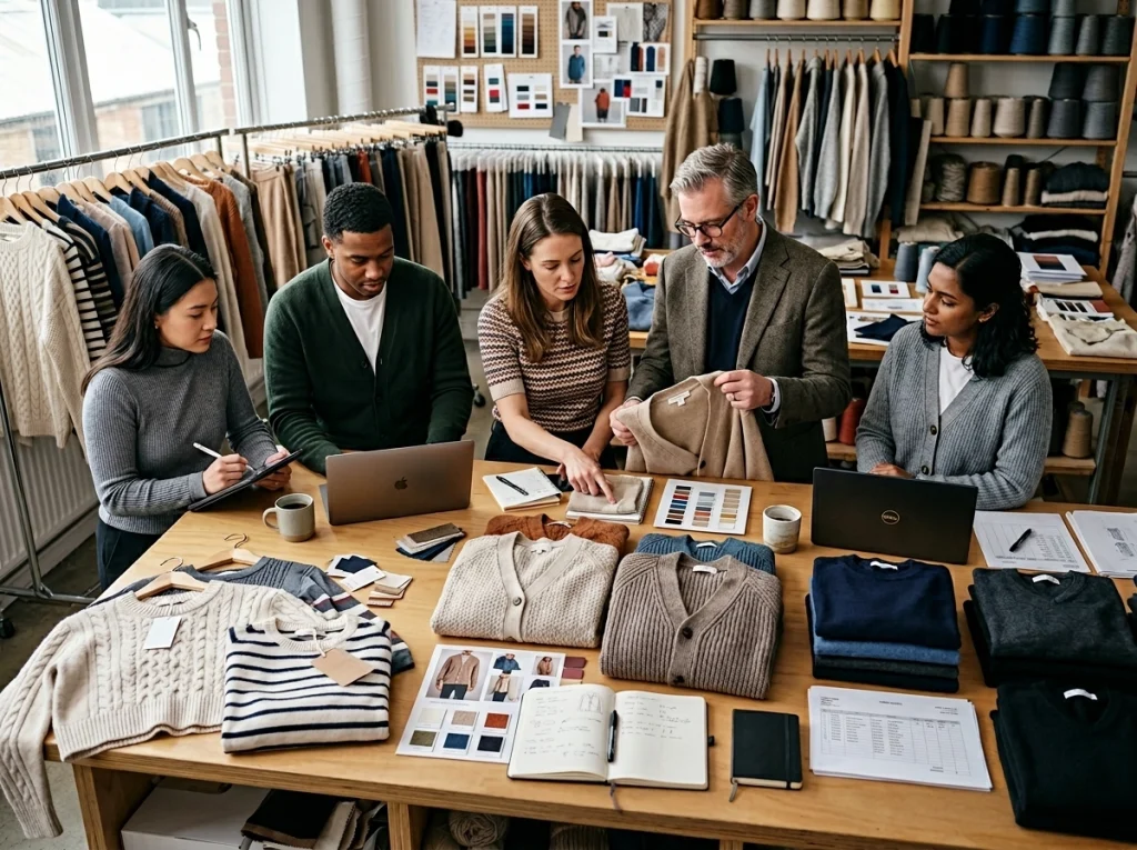 Buyer team reviewing test samples, seasonal knitwear styles, and repeat-order products in a factory showroom.