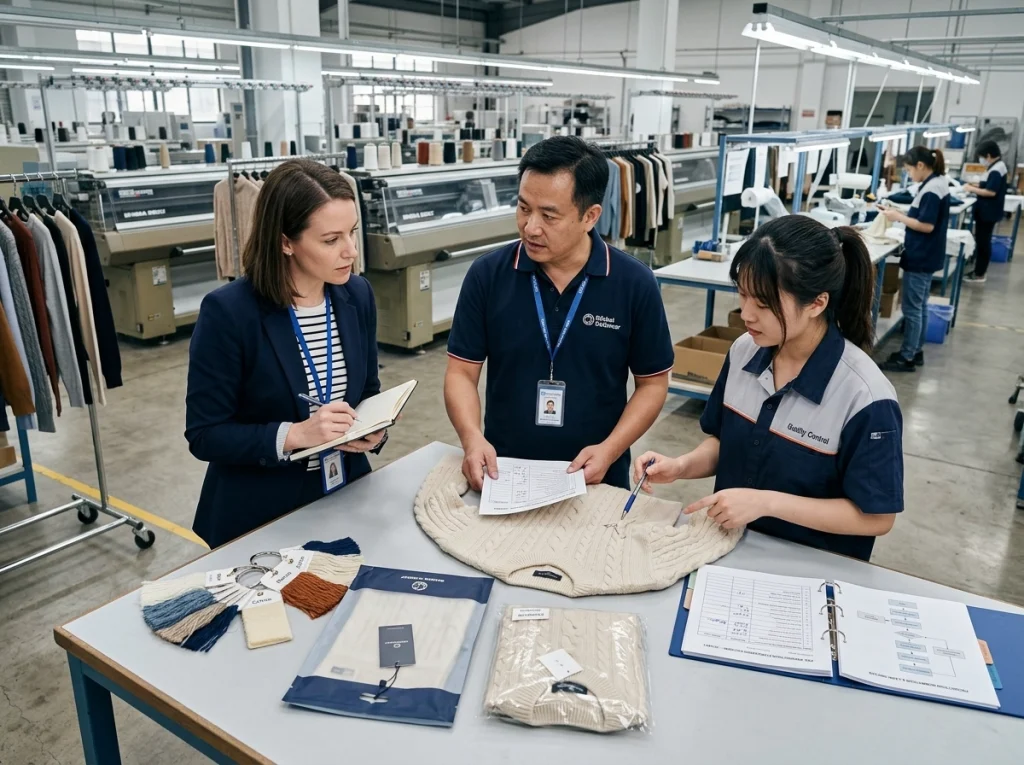 Buyer evaluating a knitwear factory with PP sample, yarn swatches, QC checklist, and packaging samples.