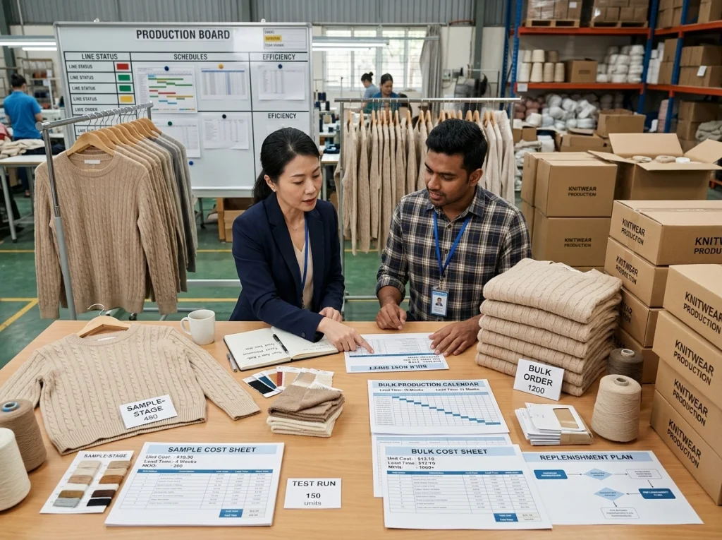 Procurement manager and factory planner comparing sample orders, bulk production plans, and packaged knitwear.