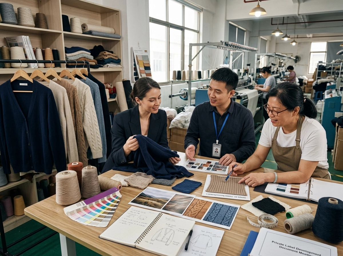 Factory merchandiser presenting sweater and cardigan development options with swatches, yarns, and inspiration images.