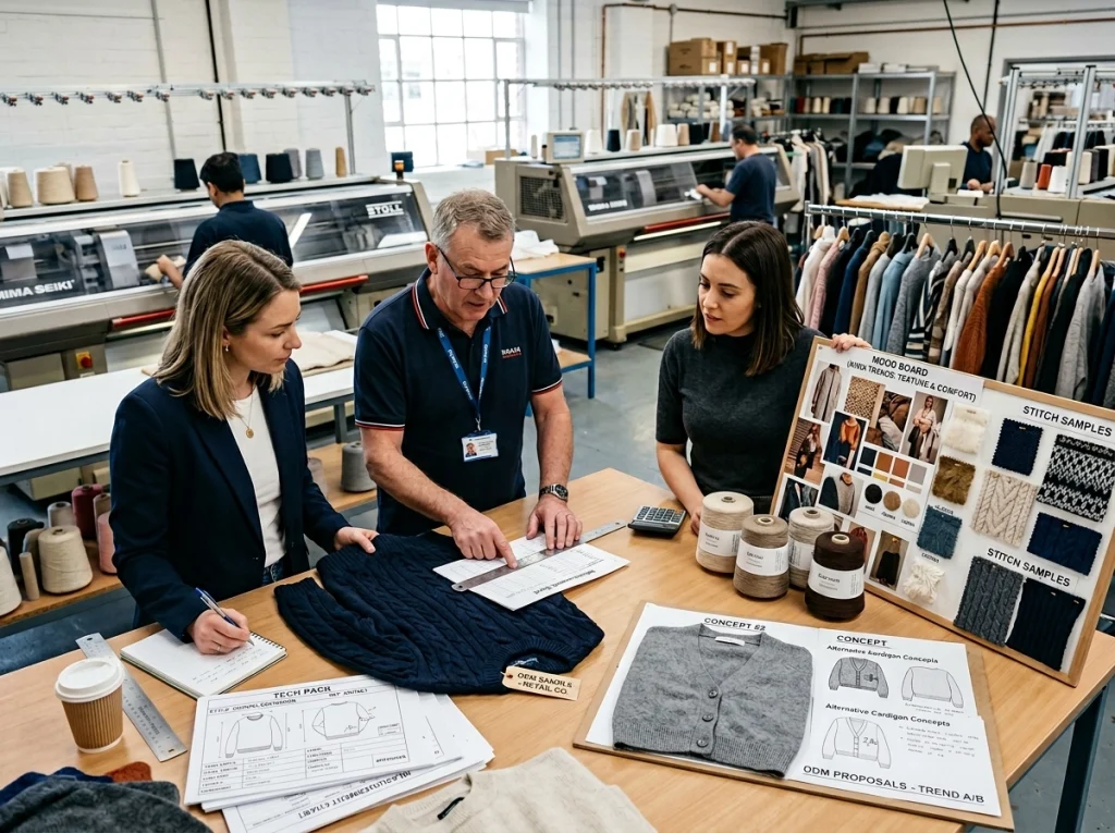 Knitwear buyer and factory specialists comparing OEM and ODM development options with tech packs, swatches, and samples.