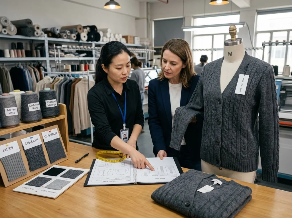 Technician and buyer reviewing a custom made sweater tech pack beside an approved knitwear sample.