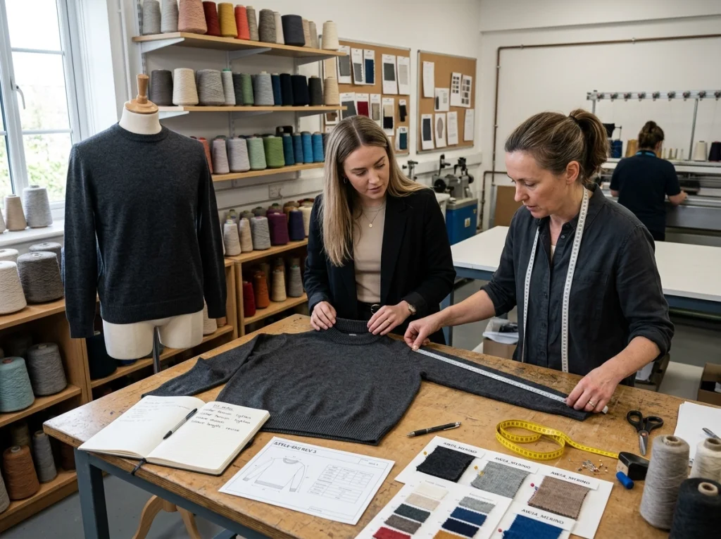 A buyer and technician review a knitwear sample with measurements, swatches, and fit notes in a sample development room.