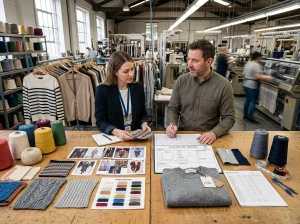 Buyer and factory team comparing OEM and ODM custom knitwear development materials on a sample room table.