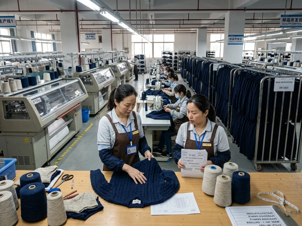 Technicians reviewing approved sweater samples in the foreground while bulk knitwear production runs on computerized machines behind them.