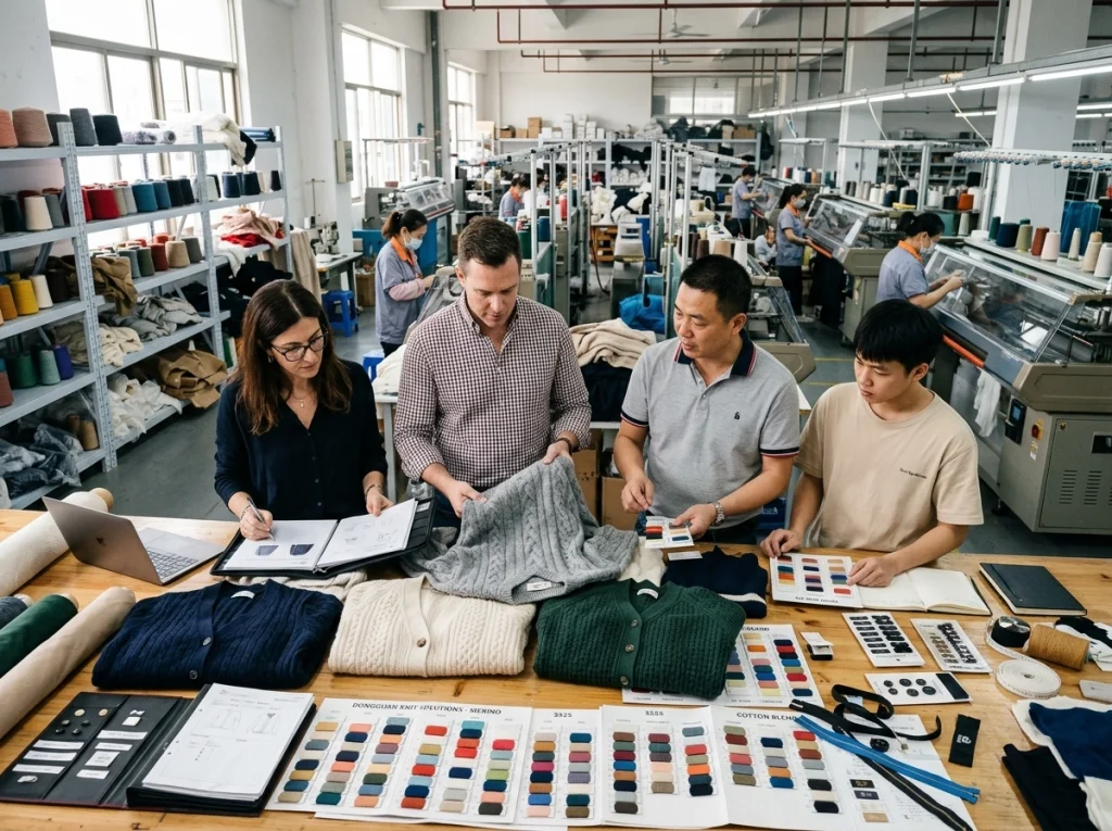 Knitwear sourcing team reviewing sweater samples and yarn options in a Dongguan factory development area with production activity in the background.
