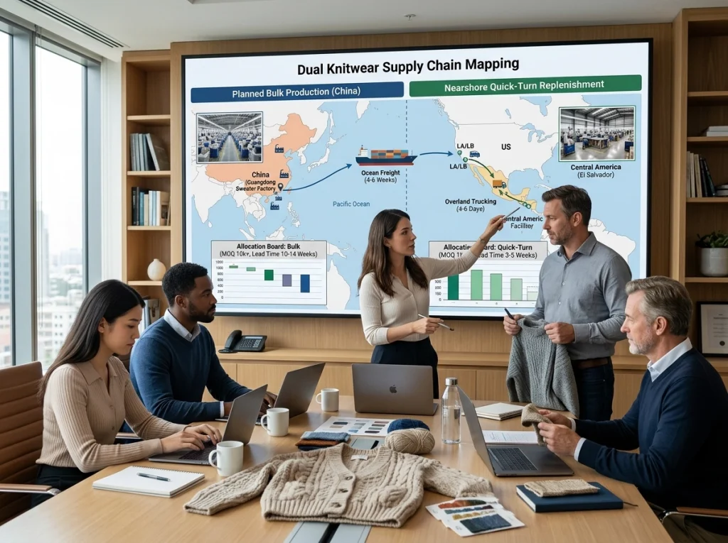 Apparel sourcing team allocating knitwear orders between China bulk production and nearshore quick-turn manufacturing using samples and planning materials.