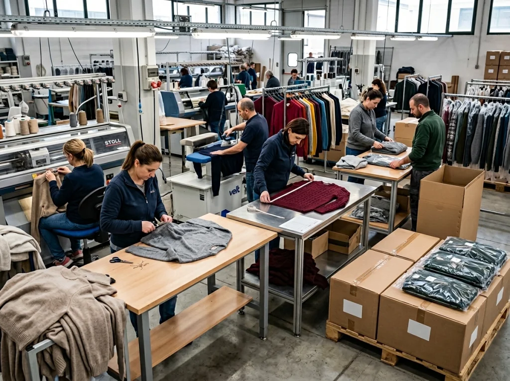 Finished sweater assembly area with linking, trimming, steaming, measuring, labeling, folding, and packing in a real factory setting.